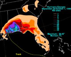A map of rainfall in the southern United States. The heaviest rainfall is in southern Mississippi and Alabama and the Florida panhandle