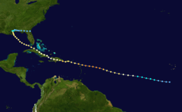 A map of a path across a portion of the Atlantic Ocean. The track starts near the Cape Verde Islands, and heads generally west-northwestward. South America is depicted on the lower-left side of the map