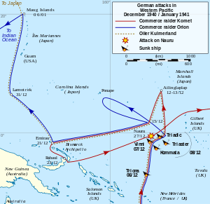 Map of the South Pacific showing the routes taken by the German vessels and locations where Allied ships were sunk as described in the article