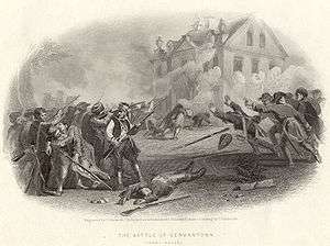 A black & white print depicting a battle near a house in the background