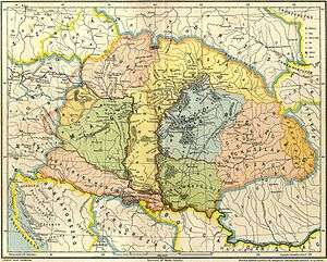 Multicolored map of Central Europe before the arrival of the Hungarians