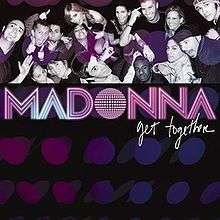 Upper half of the picture displays greyscale image of a group of people enjoying themselves. Lower half shows a black background with dark blue circles on it. The word "Madonna" is written in pink and white lines in the lower half. Beneath it, on the left side, the word "Get Together" is written in white flowing scripts.