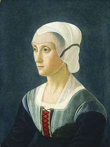Portrait of Lucrezia Tornabuoni by Domenico Ghirlandaio at the National Gallery of Art in Washington, D.C. c. 1475.  She is wearing a simple black dress and a white Wimple.