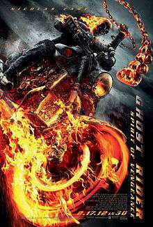 The Ghost Rider holds his metallic chain and flips it in the air while he rides on his bike Hellcycle. The film's title, credits, and release date are below him.