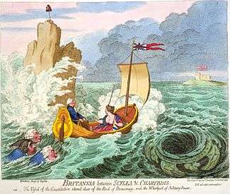 Colour engraving of carroon ship at sea flying flag with red cross over white saltire on blue background.