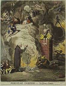 A man is kneeling before an altar where papers are burning, fanned by a fool. The smoke contains a variety of fanciful images. A mall gnome, sitting in a volume with the word "subscribers" on it, holds two moneybags.