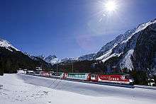 The Glacier Express train in the Albula Valley.