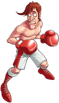 Drawing of a skinny shirtless man with red hair, red boxing gloves, and white-and-red shorts and shoes. He is looking to the left and appears worried.