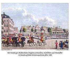 A drawing of soldiers in colorful uniforms parading.