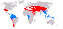 A distribution map of Gnetophyta colour-coded by genus