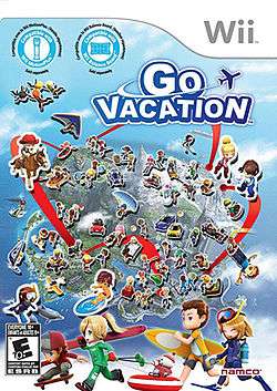 A boy, a girl, and a dog stand on the shore of a paradise island resort. In the background, two riders on horseback, a monorail, a hang glider, and a lodging facility are shown in front of a blue mountain. The words "Go Vacation" appear in the middle of the picture with the outline of a small plane flying past them.
