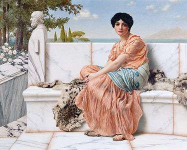Painting of a woman dressed in Greek robes sitting on a marble bench with trees and water in the distance