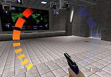 A bunker with a floor full of tiles, a large screen displaying a world map in a wall, and monitors in the ceiling. A hand holding a gun is seen on the bottom right corner. Around the image are graphic symbols representing health, ammo, and armour of the player.