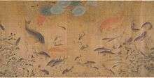 painting of many swimming fish, mostly in shades of tan