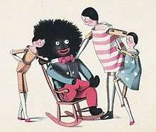 A drawing depicting  a rag doll with a big, black head, sitting in a rocking chair, with three white children standing by.