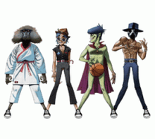 From left to right: James Murphy as a monkey in a karate outfit, 2D in a black outfit wearing a hat, Murdoc Niccals dribbling a basketball at the waist level, and Andre 3000 wearing a black mask