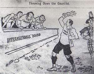 Hand drawn cartoon, titled "Throwing down the Gauntlet". The cartoon depicts three caricatures representing the England, Scotland and Ireland Unions, looking aghast as a figure representing the Welsh Union throws a defiant Gauntlet to the ground. The Welsh Union is applauded by Dame Wales.