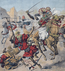 Mounted French goumiers running down Moroccan tribesmen mounted and on foot