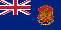 Dark blue flag with red and yellow castle to right and Union Flag in top-left quarter.