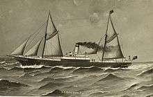 Black and white drawing of the two-masted ship with a central steam engine funnel, traveling from right to left through choppy seas.