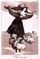 Painting of a woman  with arms outstretched, flying. Below her are three gnome-like mean holding cushions.
