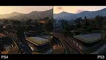 The city of Los Santos being rendered on the PlayStation 4 on the left, and the PlayStation 3 on the right. Improved texture effects, lighting and draw distances are visible on the PS4 version.