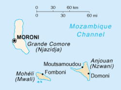 The Comoros islands. Grande Comore is the westernmost (and largest) island.
