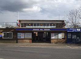 A brown-bricked building with a blue sign reading "GRANGE HILL STATION" in white letters all under a blue sky with white clouds