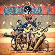 Three skeletons wearing Civil War-era clothing play acoustic guitars and a snare drum. One of them sits on a cannon that has flowers in its muzzle.