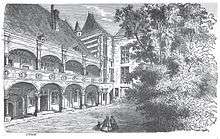 Drawing of large courtyard with trees, flanked by buildings