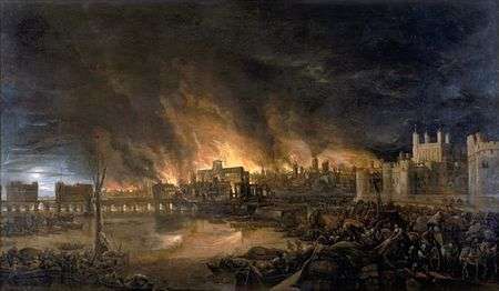 A painting showing the great fire of London, 4 September 1666, as seen from a boat in vicinity of Tower Wharf