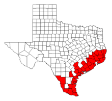 A map of Texas showing the counties with the coastal region and the lower Rio Grande Valley highlighted.