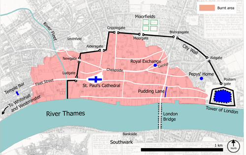 Map of central London in 1666, showing landmarks related to the Great Fire of London