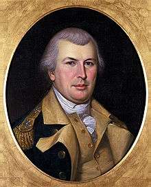 Painting of a gray-haired man in a dark blue uniform with buff lapels and gold epaulettes