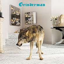 A gray wolf stands in the middle of a modern bathroom. "Grinderman" is written above the wolf in blue gothic text.