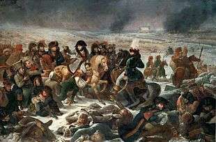 Painting showing Napoleon and his staff warmly dressed against the winter weather, with the battle raging behind them