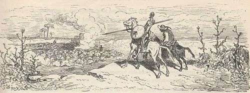 A line drawing of two mounted men looking down over a cliff at a rising cloud of smoke.  The man on the left is garbed as a knight.