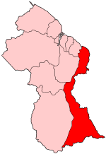 Map of Guyana showing East Berbice-Corentyne region