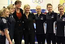 A group shot of the 2012 Australian Olympic gymnastics team, showing Emily Little, Lauren Mitchell, Peggy Liddick, Kate Lundy, Larrissa Miller, Georgia Bonora, and Ashleigh Brennan