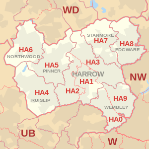 HA postcode area map, showing postcode districts, post towns and neighbouring postcode areas.
