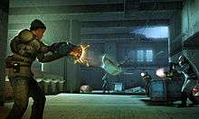 In the foreground, a woman from Half-Life 2: Deathmatch holds a weapon which is glowing orange. A damaged toilet is being held in mid-air by the gun, pointed at gun-wielding enemies in the background.