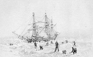 Engraving of HMS Terror thrown up by the ice