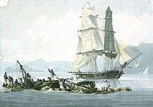 Watercolour of a sailing ship seen in starboard bow view, with hills and mountains in the background. In the foreground floating on the water are pieces of wreckage of wood, ropes and sails, with figures clinging to them.