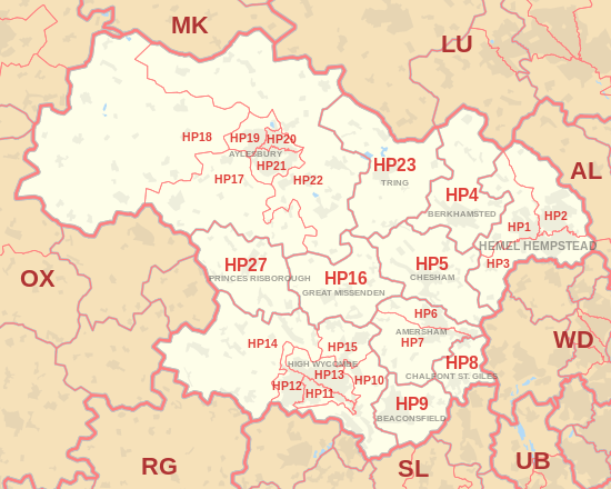 HP postcode area map, showing postcode districts, post towns and neighbouring postcode areas.