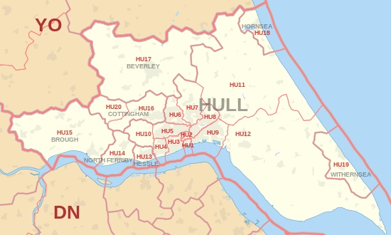 HU postcode area map, showing postcode districts, post towns and neighbouring postcode areas.
