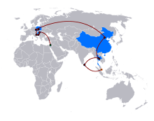 Map of Europe and Asia, with the race marked