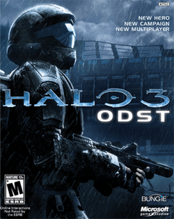 A futuristic soldier holding a firearm looks to his right as it rains; a defense wall can be seen in the distance. In the center of the scene a stylized title reads, "HALO 3", and the word "ODST" lies below, written in a sans-serif font.