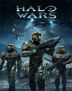 Three armor-clad soldiers carrying weapons march towards the foreground. Their faces are obscured by helmets with reflective orange visors. Behind the trio are more soldiers; overhead, curved aircraft fly through the sky. The decorative text "Halo Wars" floats above the scene.