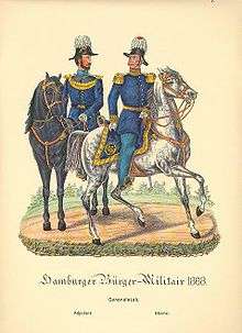 A drawing of two soldiers in blue uniforms on horseback.