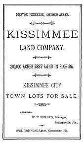 A black and white image of a land sale notice announcing 4 million acres (16,000 km2) purchased by Hamilton Disston; 20,000 acres (81 km2) are up for sale, specifically featuring town lots for sale